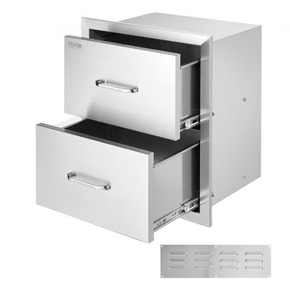 Utomhuskökslådor 18B x 20,6H x 12,7D tum, infällda dubbla grilllådor i rostfritt stål med handtag, grillö för utomhuskök eller uteplatsgrillstation
