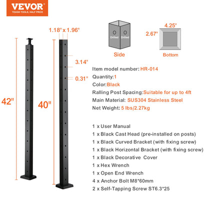 Kabelräckesstolpe, 42" x 1" x 2" stål L-formad hörnräckesstolpe, 12 förborrade hål, kabelräckesstolpe i rostfritt stål SUS304 med horisontellt och böjt fäste, 1-pack, svart