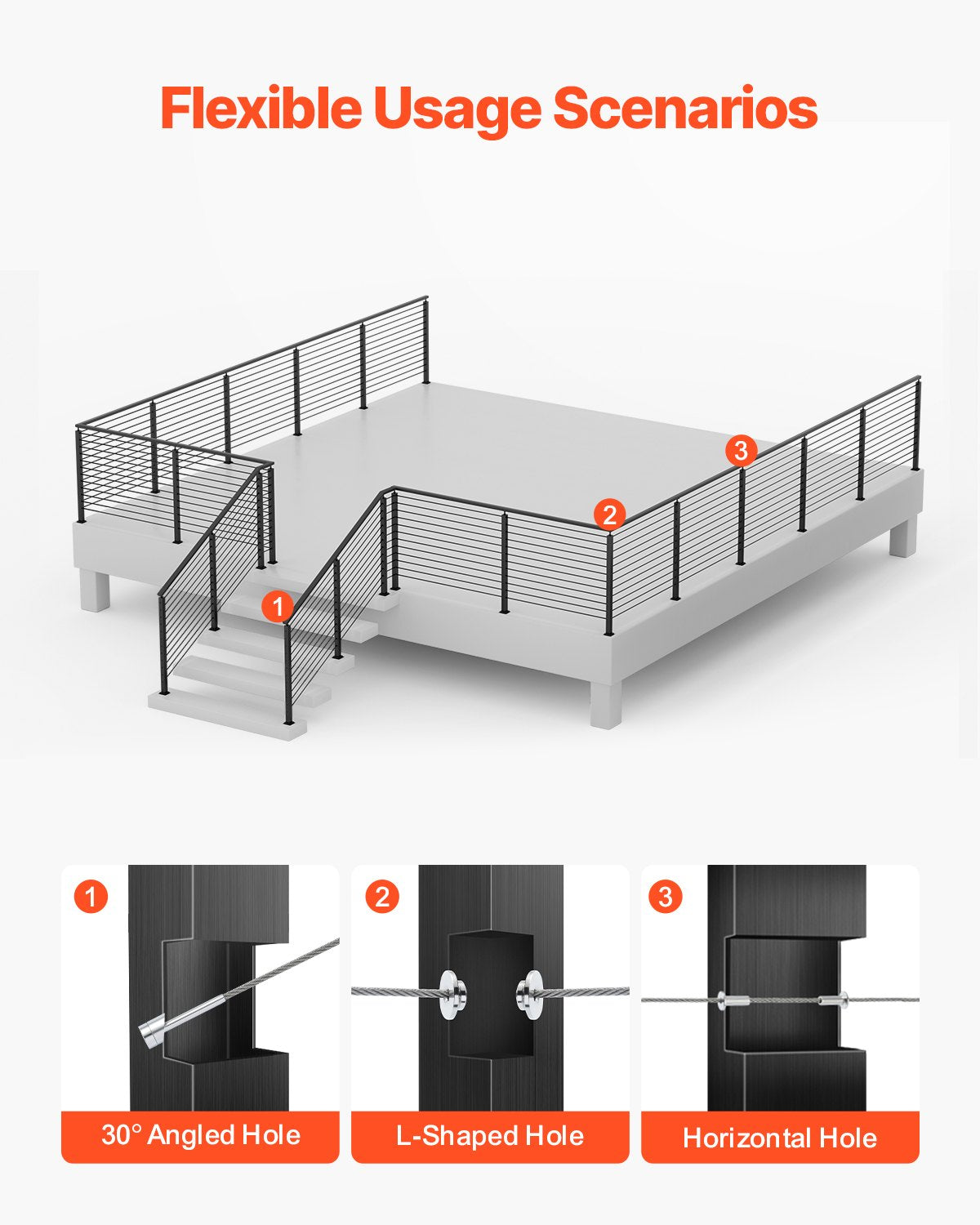 Kabelräckesstolpe, 42x1x2 tums hörnräckesstolpe, med L-formade förborrade hål, kabelräckesstolpe i rostfritt stål med horisontellt och böjt fäste, 1-pack, svart, 1JZLGZXHS10607YXO001V0