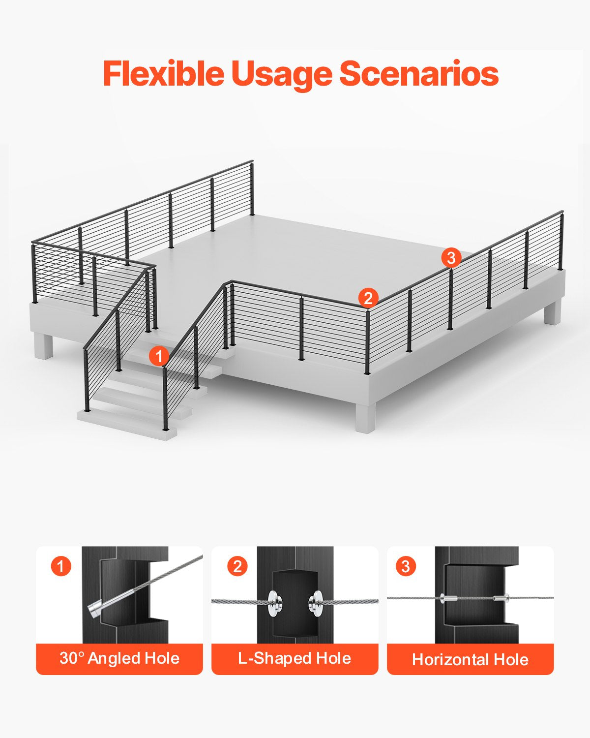 Kabelräckesstolpe, 42x2x2 tums trappstolpar i jämnhöjd, 1-pack kabelräckesstolpe i rostfritt stål, förborrade spjälor med monteringsfäste, trappräckessats, svart, 1JZLGZXHS106AWJO6001V0