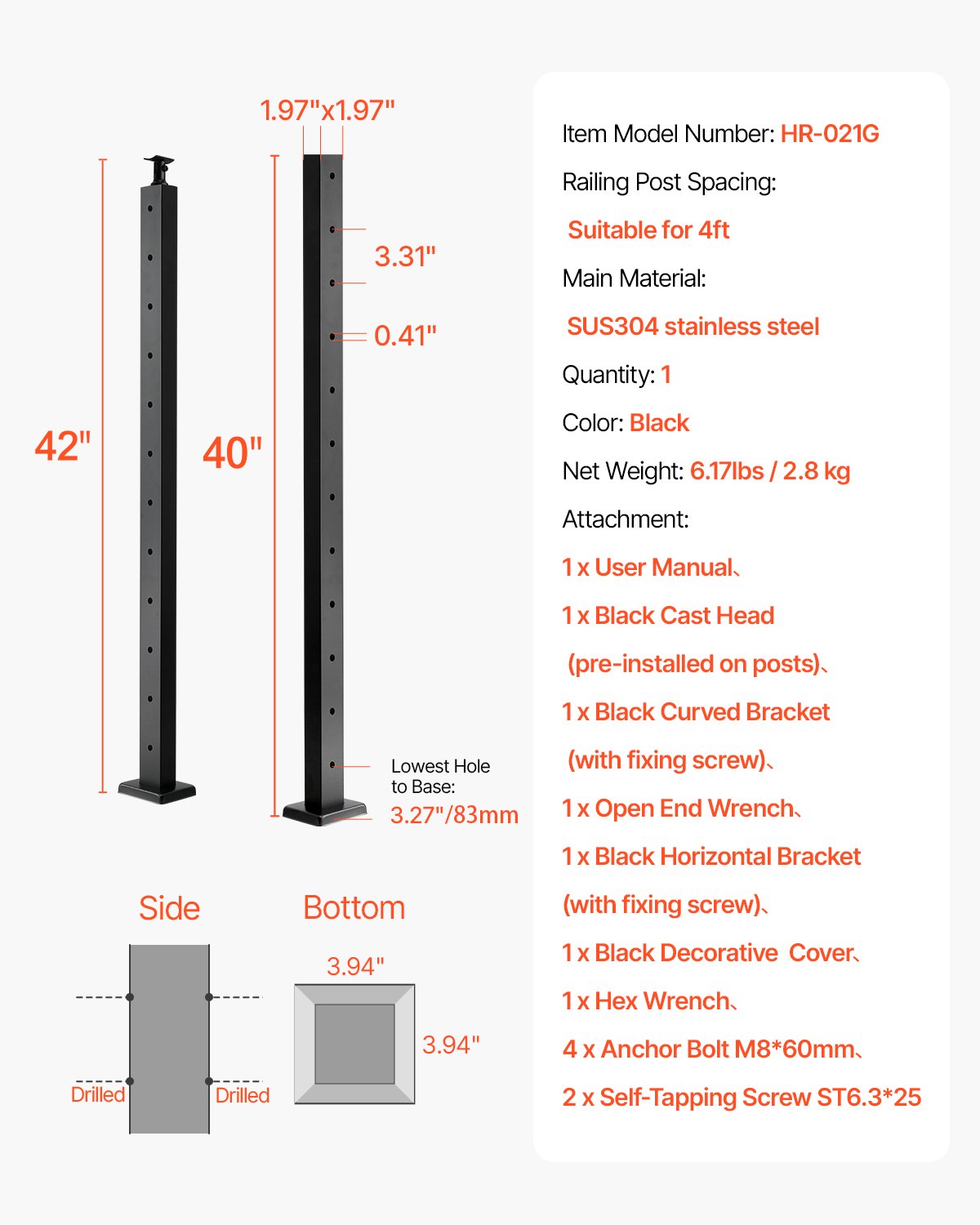 Kabelräckesstolpe, 42x2x2 tums trappstolpar i jämnhöjd, 1-pack kabelräckesstolpe i rostfritt stål, förborrade spjälor med monteringsfäste, trappräckessats, svart, 1JZLGZXHS106AWJO6001V0