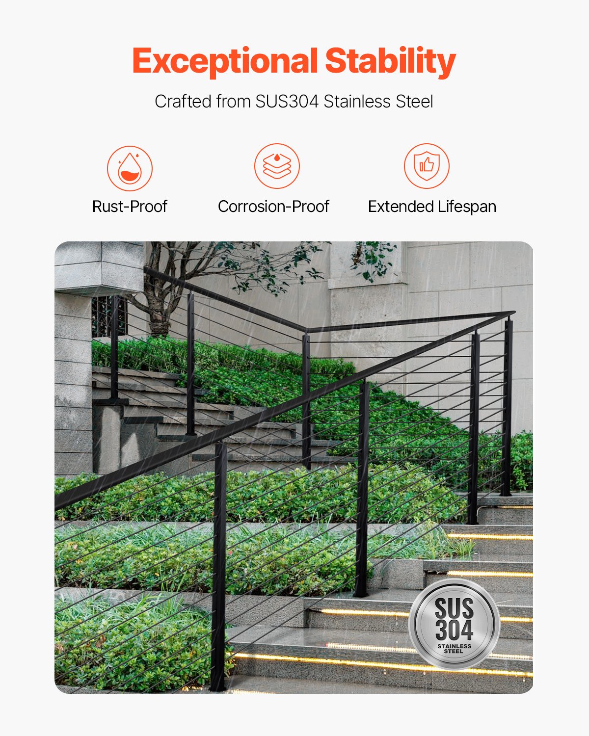 Kabelräckesstolpe, 42x1x2 tum trappräckesstolpe, med förborrade 30° vinklade hål, kabelräckesstolpe i rostfritt stål med horisontellt och böjt fäste, 1-pack, svart, 1JZLGZXHS106VRA3X001V0