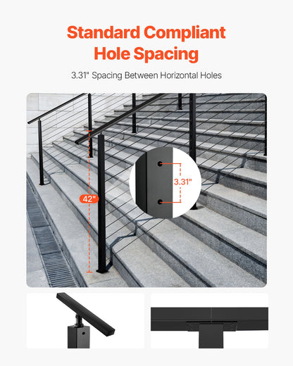 Kabelräckesstolpe, 42x2x2 tum trappräckesstolpe, med förborrade 30° vinklade hål, kabelräckesstolpe i rostfritt stål med horisontellt och böjt fäste, 1-pack, svart, 1JZLGZXHS106W3XAA001V0