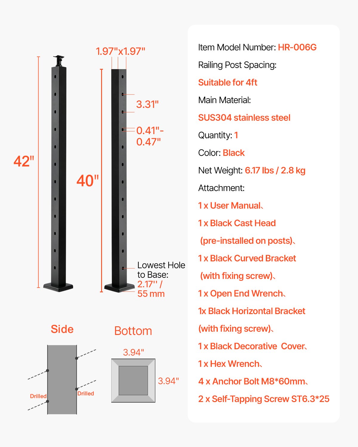 Kabelräckesstolpe, 42x2x2 tum trappräckesstolpe, med förborrade 30° vinklade hål, kabelräckesstolpe i rostfritt stål med horisontellt och böjt fäste, 1-pack, svart, 1JZLGZXHS106W3XAA001V0