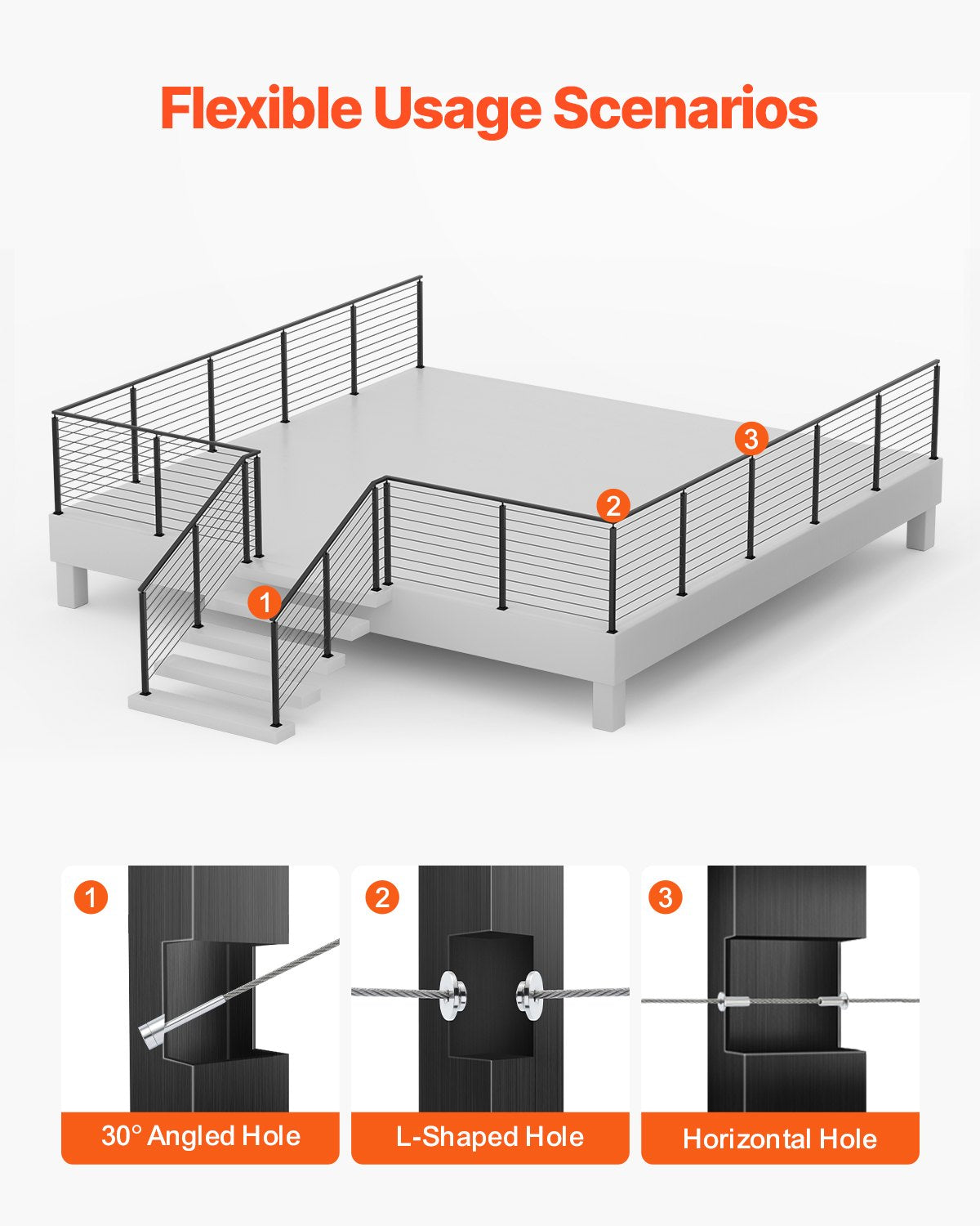 Kabelräckesstolpe, 36x1x2 tum trappräckesstolpe, med förborrade 30° vinklade hål, kabelräckesstolpe i rostfritt stål med horisontellt och böjt fäste, 1-pack, svart, 1JZLGZXHS91402OS1001V0