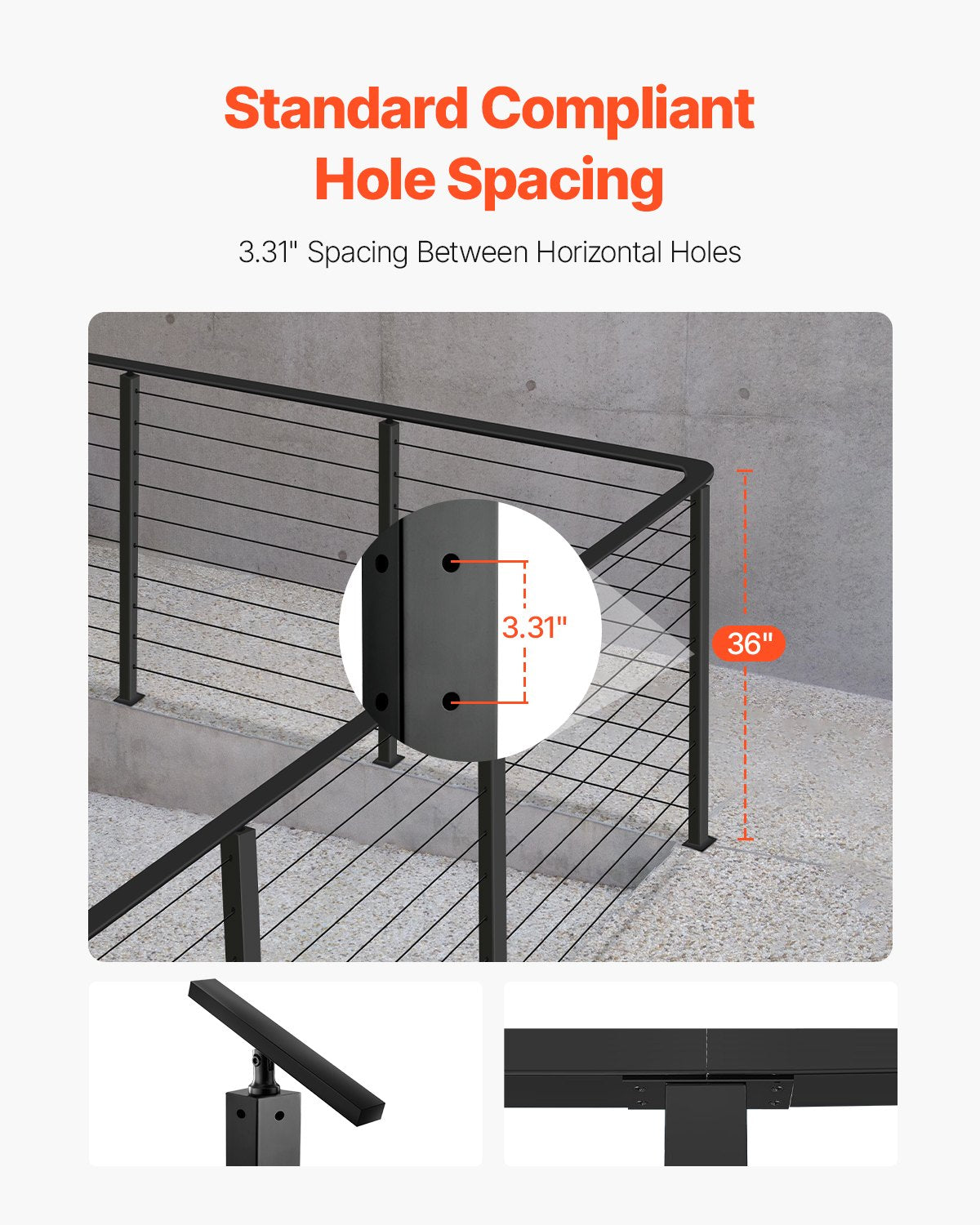 Kabelräckesstolpe, 36x1x2 tums hörnräckesstolpe, med L-formade förborrade hål, kabelräckesstolpe i rostfritt stål med horisontellt och böjt fäste, 1-pack, svart, 1JZLGZXHS914IVCFL001V0