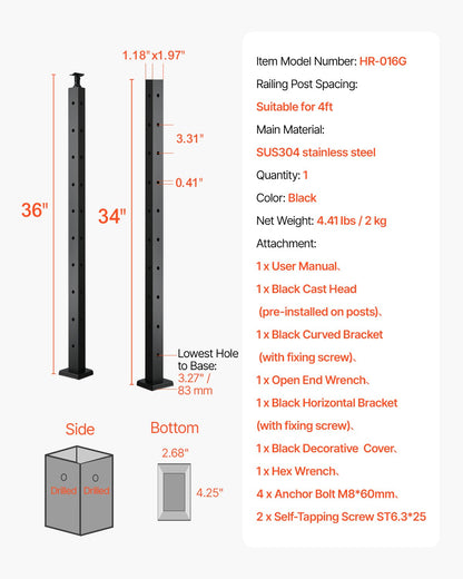 Kabelräckesstolpe, 36x1x2 tums hörnräckesstolpe, med L-formade förborrade hål, kabelräckesstolpe i rostfritt stål med horisontellt och böjt fäste, 1-pack, svart, 1JZLGZXHS914IVCFL001V0