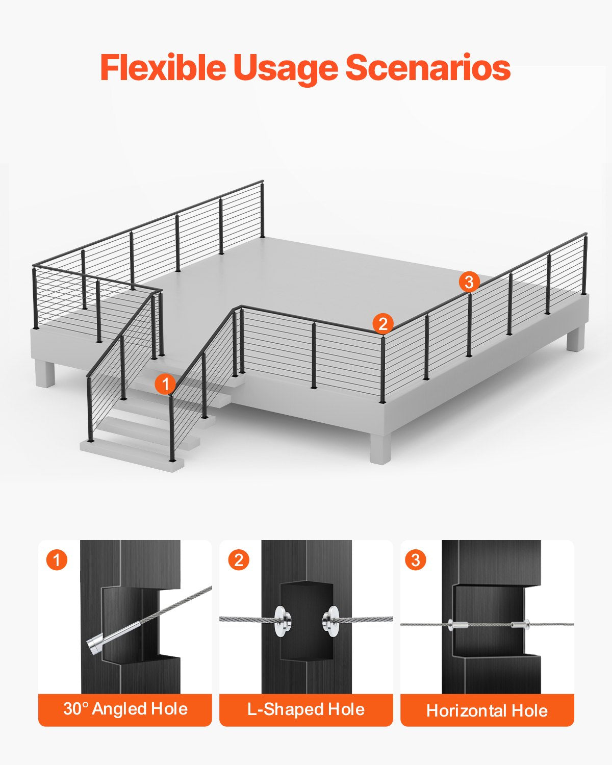Kabelräckesstolpe, 914,4 x 50,8 x 50,8 mm hörnräckesstolpe, med L-formade förborrade hål, rostfritt stål med horisontellt och böjt fäste, 1-pack, svart, 1JZLGZXHS914ZPBNY001V0