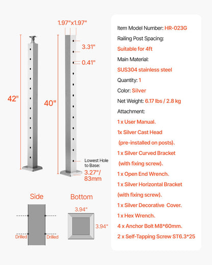 Kabelräckesstolpe, 42x2x2 tums jämna trappstolpar, 1-pack kabelräckesstolpe i rostfritt stål, förborrade spjälor med monteringsfäste, trappräckessats, silver, 1JZLGZXYS1061EF8W001V0