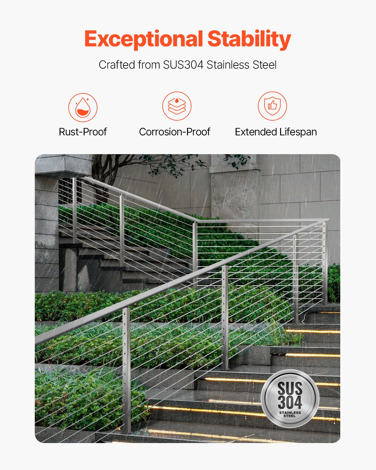 Kabelräckesstolpe, 42x2x2 tum trappräckesstolpe, med förborrade 30° vinklade hål, kabelräckesstolpe i rostfritt stål med horisontellt och böjt fäste, 1-pack, silver, 1JZLGZXYS1062TLWC001V0