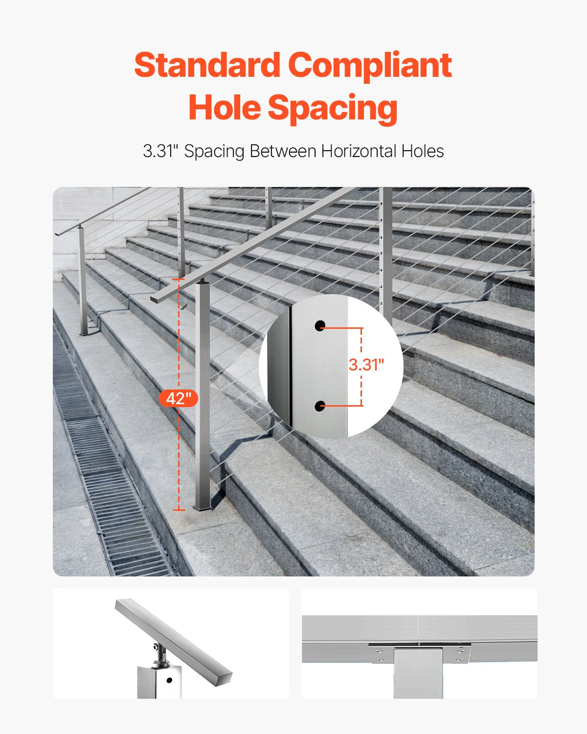 Kabelräckesstolpe, 42x2x2 tum trappräckesstolpe, med förborrade 30° vinklade hål, kabelräckesstolpe i rostfritt stål med horisontellt och böjt fäste, 1-pack, silver, 1JZLGZXYS1062TLWC001V0