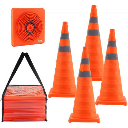Säkerhetskoter, 4-pack 28 tums hopfällbara trafikkoner, byggkoner med reflexkragar, bred bas och förvaringspåse, för trafikkontroll, körträning, parkeringsplatser