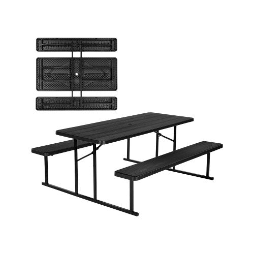 Hopfällbart picknickbord, 1,8 meter hopfällbara picknickbord med bänkar, stålbänkset med parasollhål, stort utomhusmatbord för uteplats, trädgård, pool (svart)
