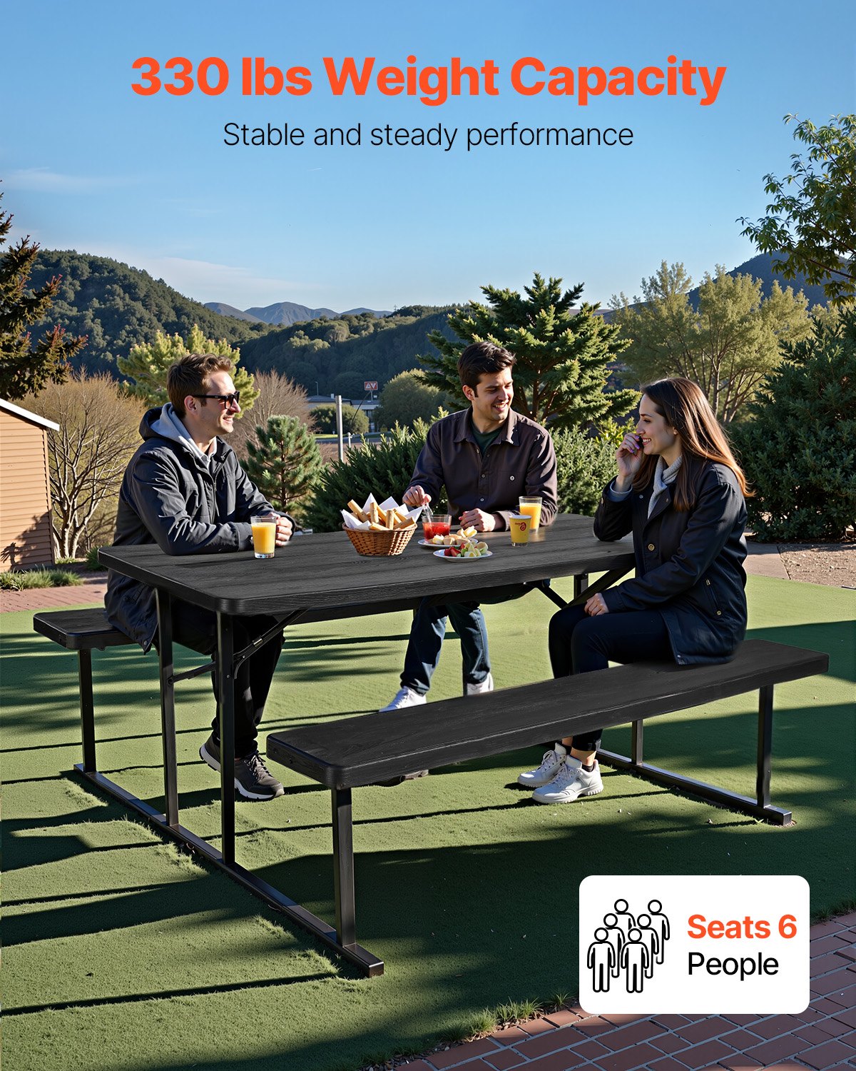 Hopfällbart picknickbord, 1,8 meter hopfällbara picknickbord med bänkar, stålbänkset med parasollhål, stort utomhusmatbord för uteplats, trädgård, pool (svart)