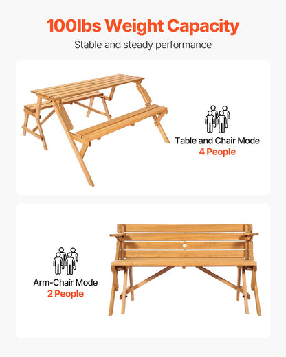 2-i-1 transformerande utbytbart picknickbord, utomhusset med träbord och bänk, bärbar hopfällbar bänk med parasollhål, uteplatsmöbler för trädgård, bakgård, veranda (brun)
