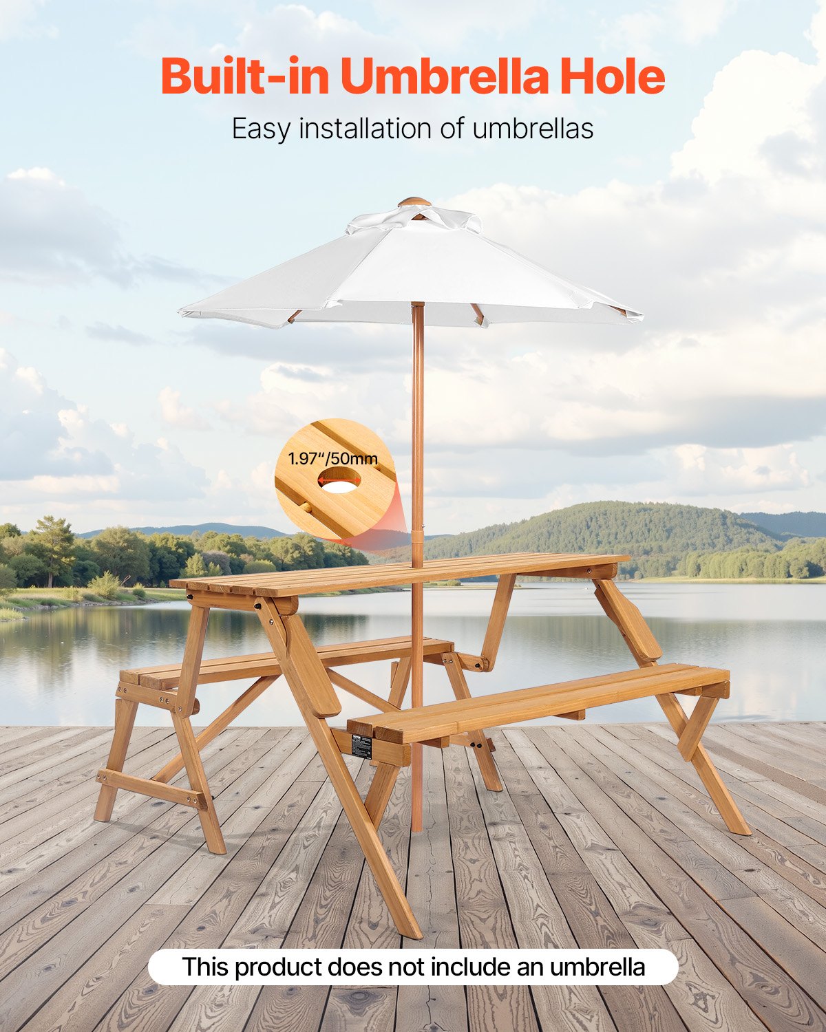 2-i-1 transformerande utbytbart picknickbord, utomhusset med träbord och bänk, bärbar hopfällbar bänk med parasollhål, uteplatsmöbler för trädgård, bakgård, veranda (brun)