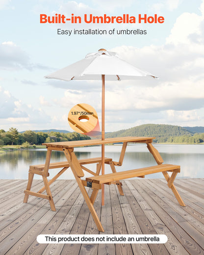 2-i-1 transformerande utbytbart picknickbord, utomhusset med träbord och bänk, bärbar hopfällbar bänk med parasollhål, uteplatsmöbler för trädgård, bakgård, veranda (brun)