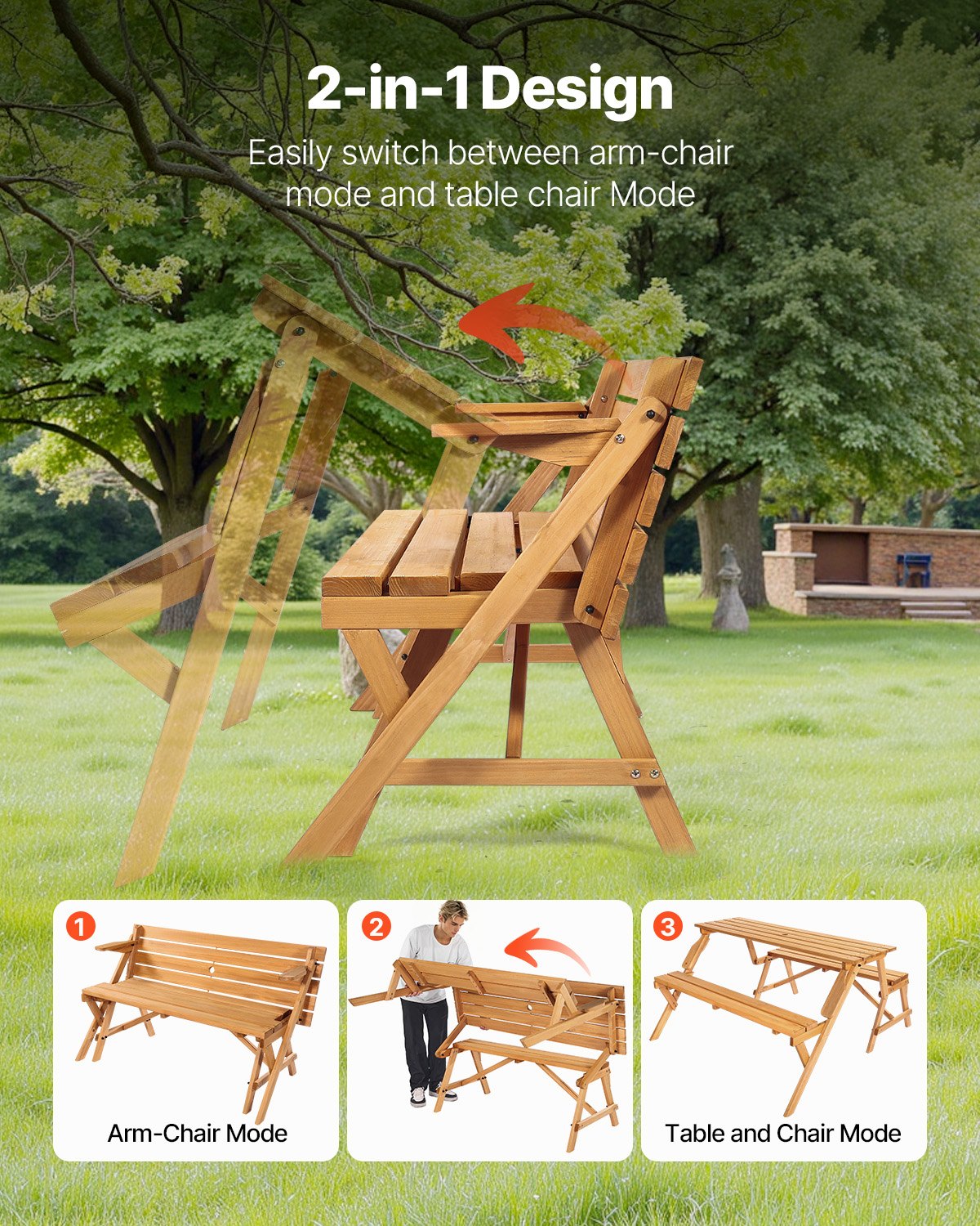 2-i-1 transformerande utbytbart picknickbord, utomhusset med träbord och bänk, bärbar hopfällbar bänk med parasollhål, uteplatsmöbler för trädgård, bakgård, veranda (brun)