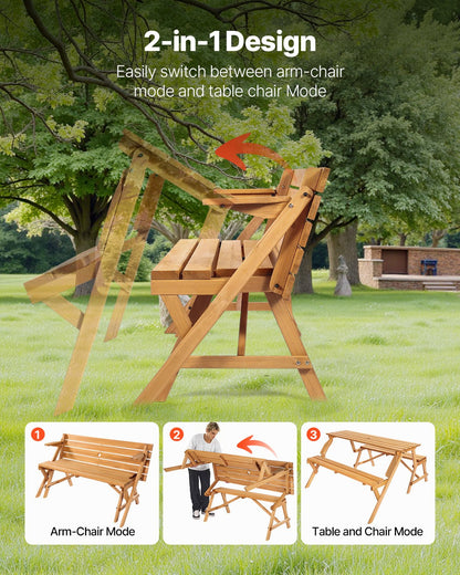 2-i-1 transformerande utbytbart picknickbord, utomhusset med träbord och bänk, bärbar hopfällbar bänk med parasollhål, uteplatsmöbler för trädgård, bakgård, veranda (brun)