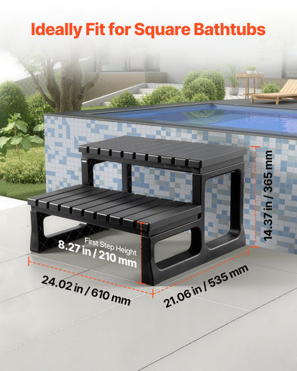 Stege för spabad, 2-stegs spa-trappa för utomhusbruk, kraftig 599,5 mm bred PP ovanmarks-/uppblåsbar poolstege med 145,2 kg viktkapacitet, mångsidig för veranda, uteplats, däck, campingbilar, svart