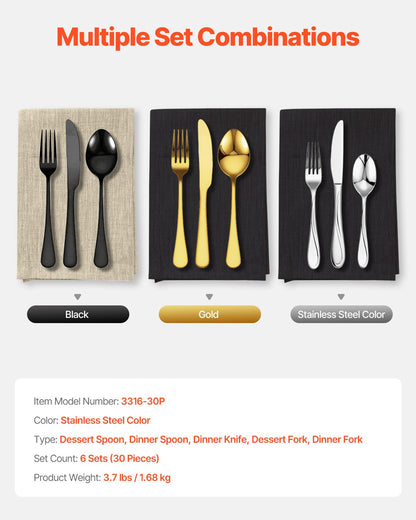 30-delars bestickset i rostfritt stål av livsmedelskvalitet, spegelblank bestickset, diskmaskinssäkert porslin för kök och hem, plats för 6 personer, inklusive kniv, gaffel och sked