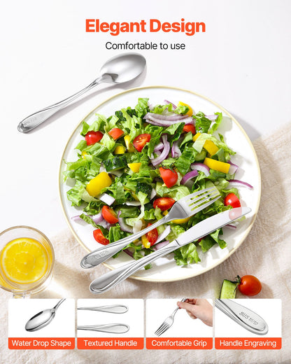 45-delars bestickset i rostfritt stål av livsmedelskvalitet, spegelblank bestickset, diskmaskinssäkert porslin för kök och hem, plats för 8 personer, inklusive kniv, gaffel och sked