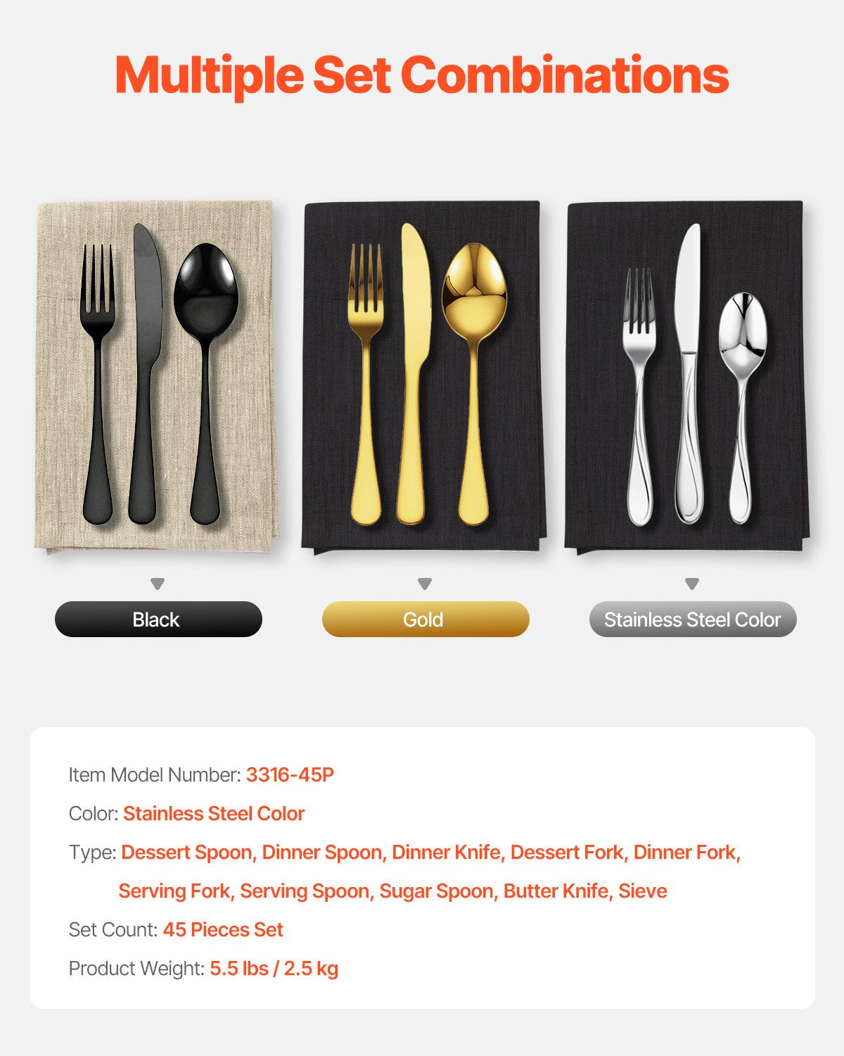 45-delars bestickset i rostfritt stål av livsmedelskvalitet, spegelblank bestickset, diskmaskinssäkert porslin för kök och hem, plats för 8 personer, inklusive kniv, gaffel och sked