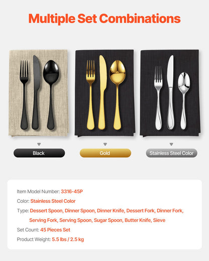 45-delars bestickset i rostfritt stål av livsmedelskvalitet, spegelblank bestickset, diskmaskinssäkert porslin för kök och hem, plats för 8 personer, inklusive kniv, gaffel och sked