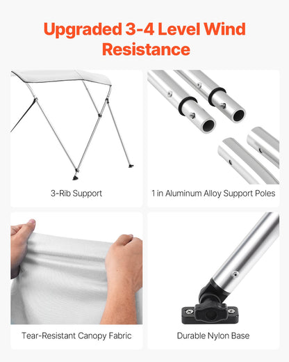 Biminitopp för båt med 3 bogar, 600D polyesterkapell med aluminiumram, vattentätt och solskyddande båtmarkiskapell med förvaringsväska, 2 stödstänger, 4 remmar, 1,8 m L x 132 cm B x 122 cm H, ljusgrå