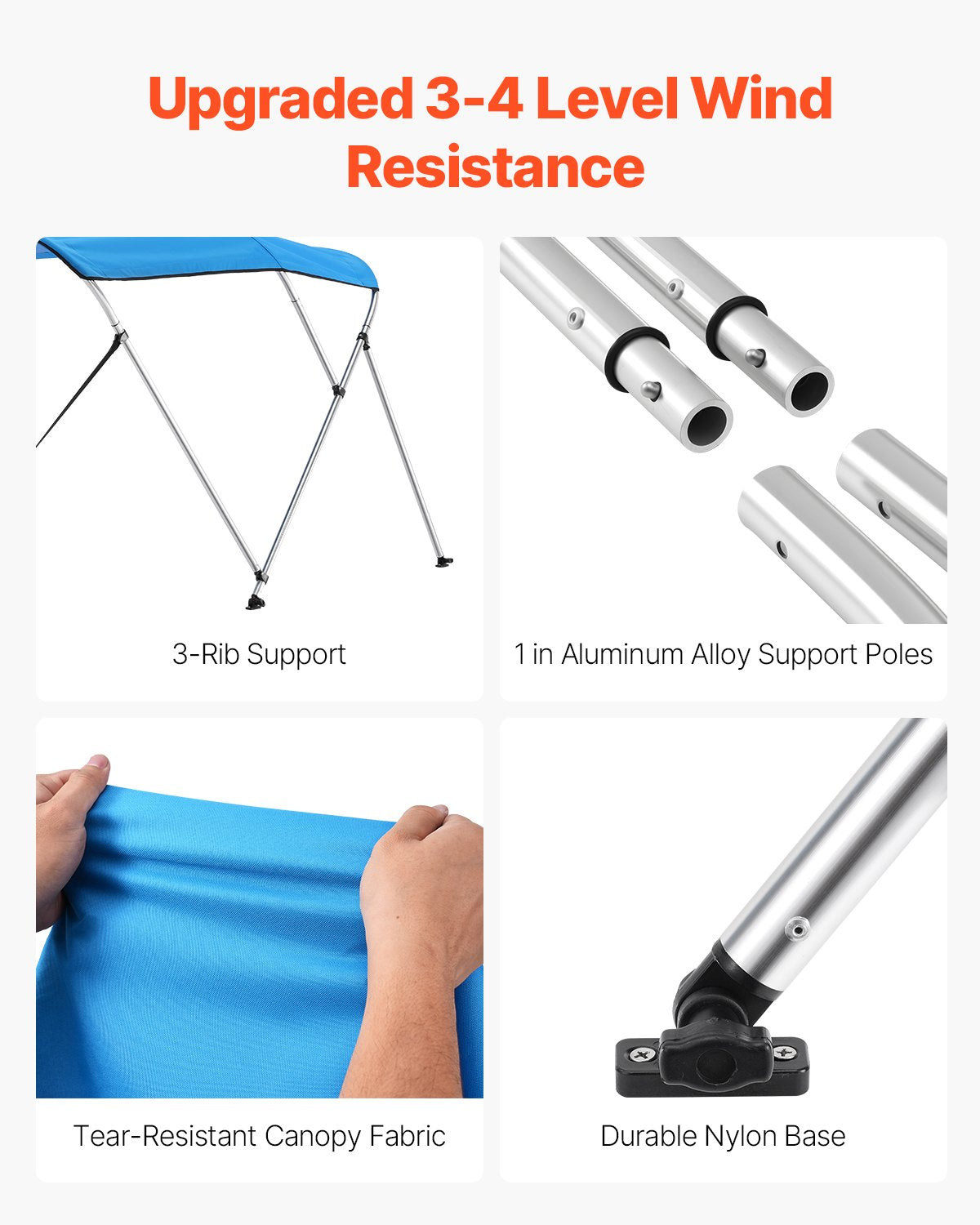 Biminitopp för båt med 3 bogar, 600D polyesterkapell med aluminiumram, vattentätt och solskyddande båtmarkiskapell med förvaringsväska, 2 stödstänger, 4 remmar, 72"L x (73"-78")B x 46"H, Pacific Blue