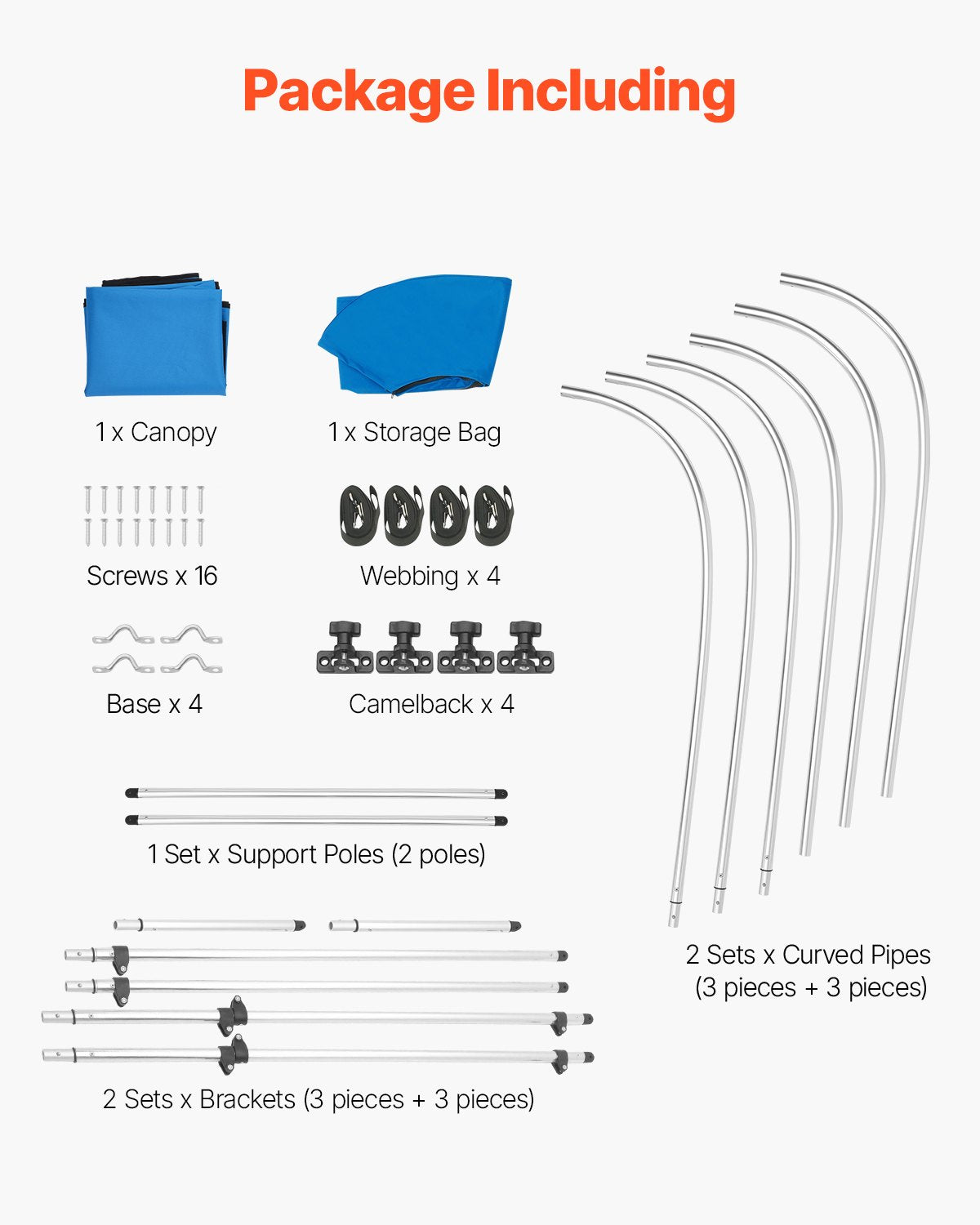 Biminitopp för båt med 3 bogar, 600D polyesterkapell med aluminiumram, vattentätt och solskyddande båtmarkiskapell med förvaringsväska, 2 stödstänger, 4 remmar, 72"L x (79"-84")B x 46"H, Pacific Blue
