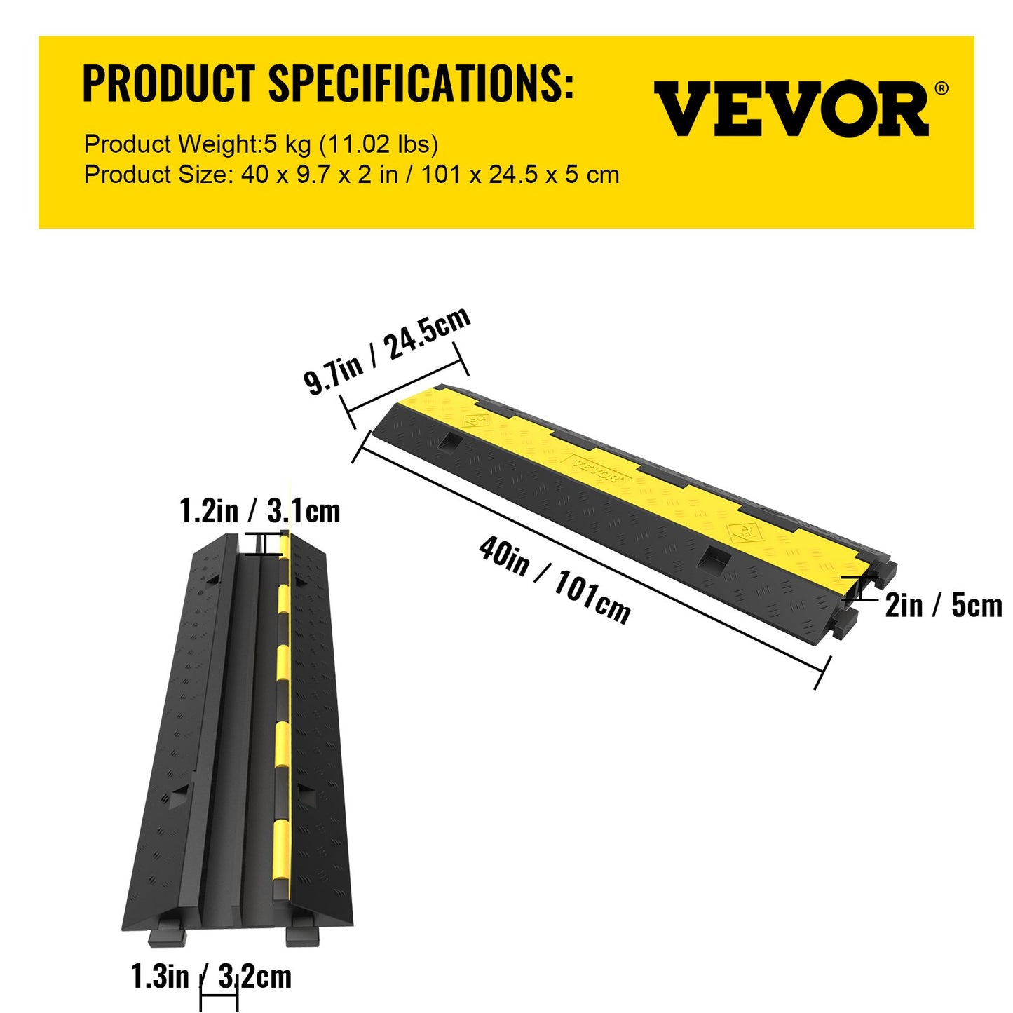 Kabelskydd 101x24,5x5cm 3-pack med 2 4989,5 kg per axelkapacitet Skyddande vajerlina Ramp Uppfart Gummi Trafikhinder