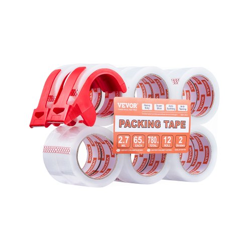 Genomskinlig packtejp, 7,5 cm kärna, 12 rullar 4,8 cm x 65 yards packtejp med dispenser, 7,3 mm kraftig packtejp utformad för flytt, förvaring och packning, frakt och utskick