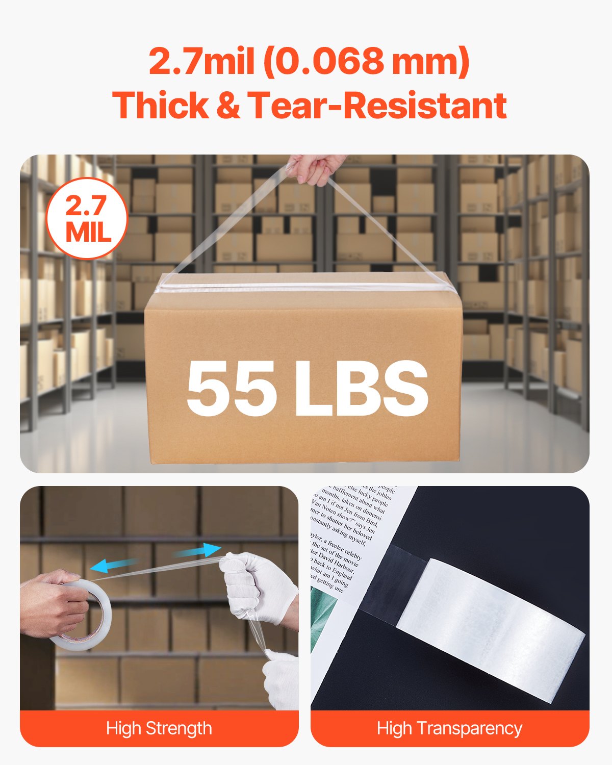 Genomskinlig packtejp, 7,5 cm kärna, 6 rullar 4,8 cm x 65 yards packtejp med dispenser, 2,7 mil kraftig packtejp utformad för flytt, förvaring och packning, frakt och utskick
