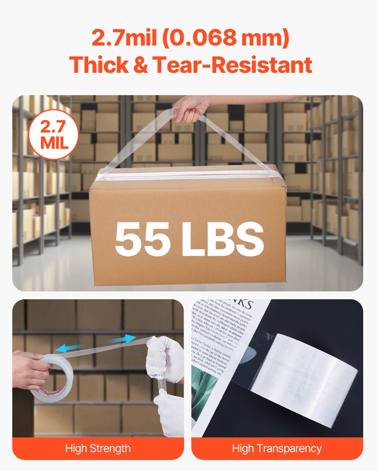 Genomskinlig packtejp, 7,5 cm kärna, 6 rullar 7,5 cm x 65 yards packtejp, 2,7 mil tjock, kraftig packtejp utformad för flytt, förvaring och packning, frakt och utskick, kontor