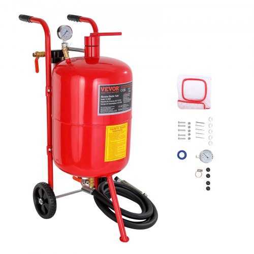 10Gal/40L sandbläster utrustad med munstyckets avstängningsventil, tryckmätare, keramiskt munstycke, 2,5m slang, påfyllningstratt, vattenlås, 6" gummihjul, sandbläster med gruskraft, bärbar sandblästringsutrustning