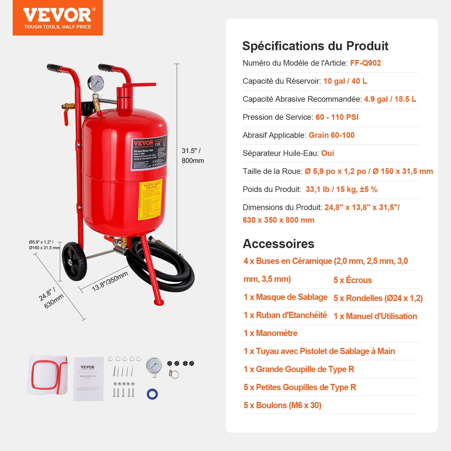 10Gal/40L sandbläster utrustad med munstyckets avstängningsventil, tryckmätare, keramiskt munstycke, 2,5m slang, påfyllningstratt, vattenlås, 6" gummihjul, sandbläster med gruskraft, bärbar sandblästringsutrustning