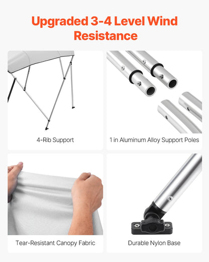 Biminitopp för båt med 4 bogar, 600D polyesterkapell med aluminiumram, vattentätt och solskyddande båtmarkiskapell med förvaringsväska, 2 stödstänger, 4 remmar, 236 cm L x (183-198 cm B x 143 cm H), ljusgrå