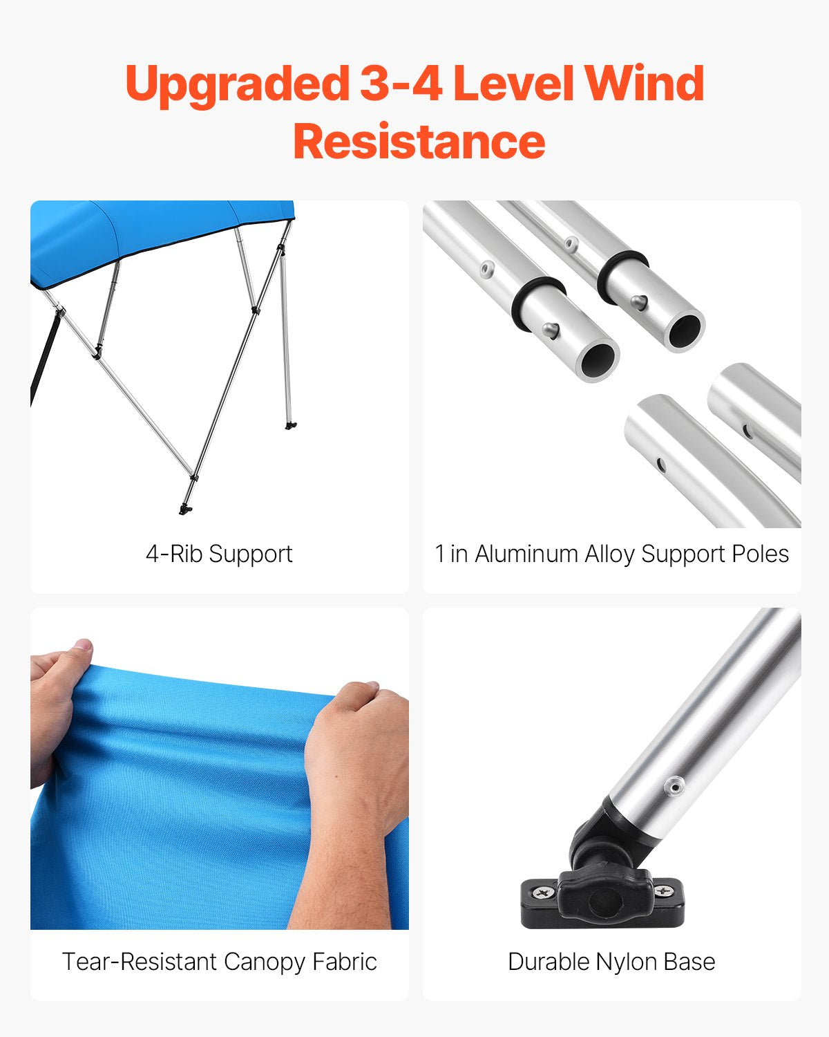 Biminitopp för båt med 4 bogar, 600D polyesterkapell med aluminiumram, vattentätt och solskyddande båtmarkiskapell med förvaringsväska, 2 stödstänger, 4 remmar, 96"L x (73"-78")B x 54"H, Pacific Blue