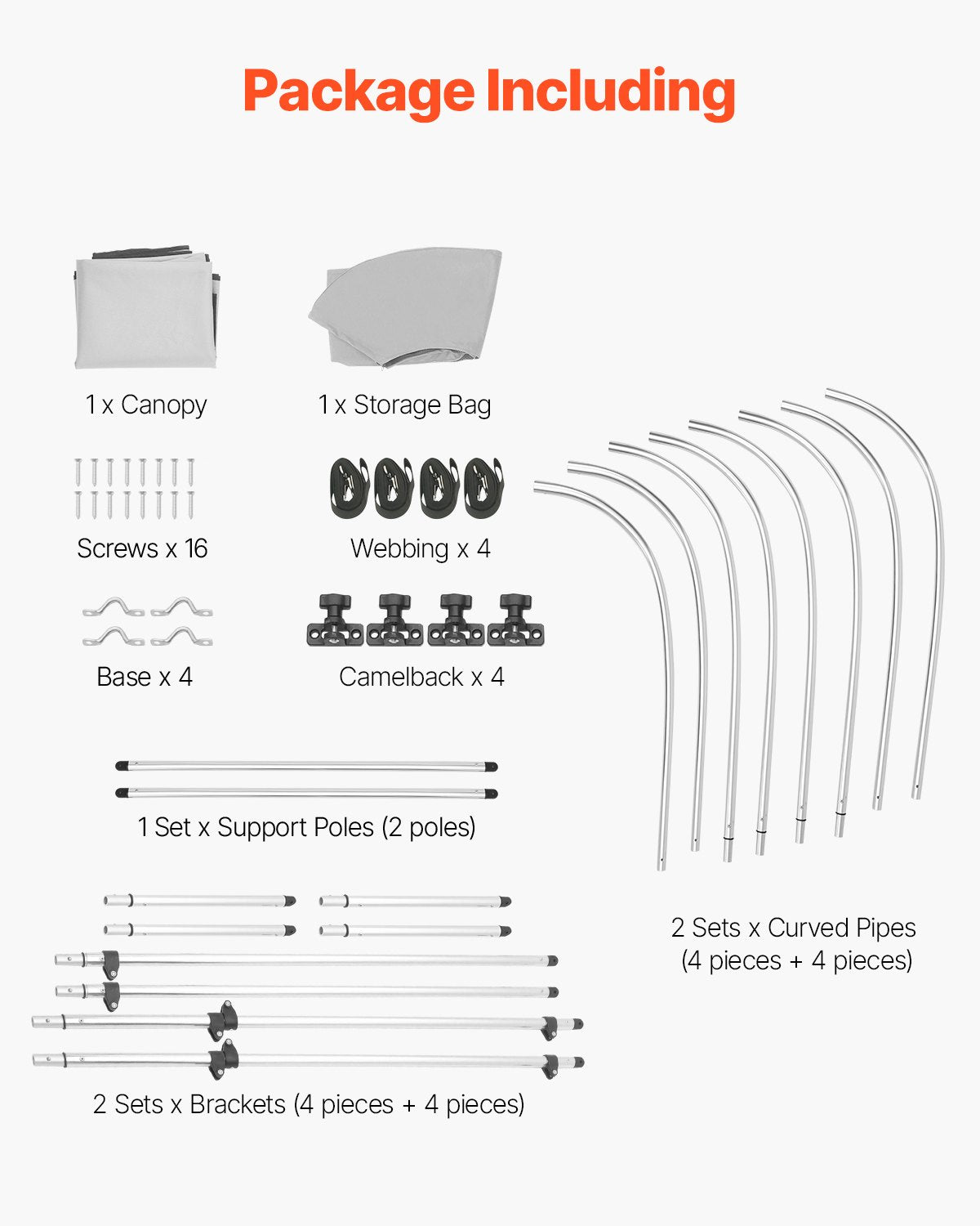 Biminitopp för båt med 4 bogar, 600D polyesterkapell med aluminiumram, vattentätt och solskyddande båtmarkiskapell med förvaringsväska, 2 stödstänger, 4 remmar, 236 cm L x (183 cm-204 cm B x 144 cm H), ljusgrå