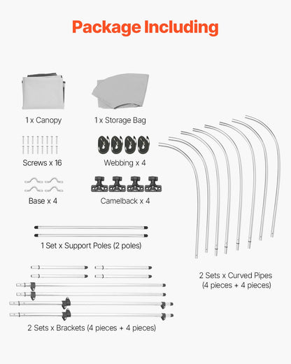 Biminitopp för båt med 4 bogar, 600D polyesterkapell med aluminiumram, vattentätt och solskyddande båtmarkiskapell med förvaringsväska, 2 stödstänger, 4 remmar, 236 cm L x (183 cm-204 cm B x 144 cm H), ljusgrå