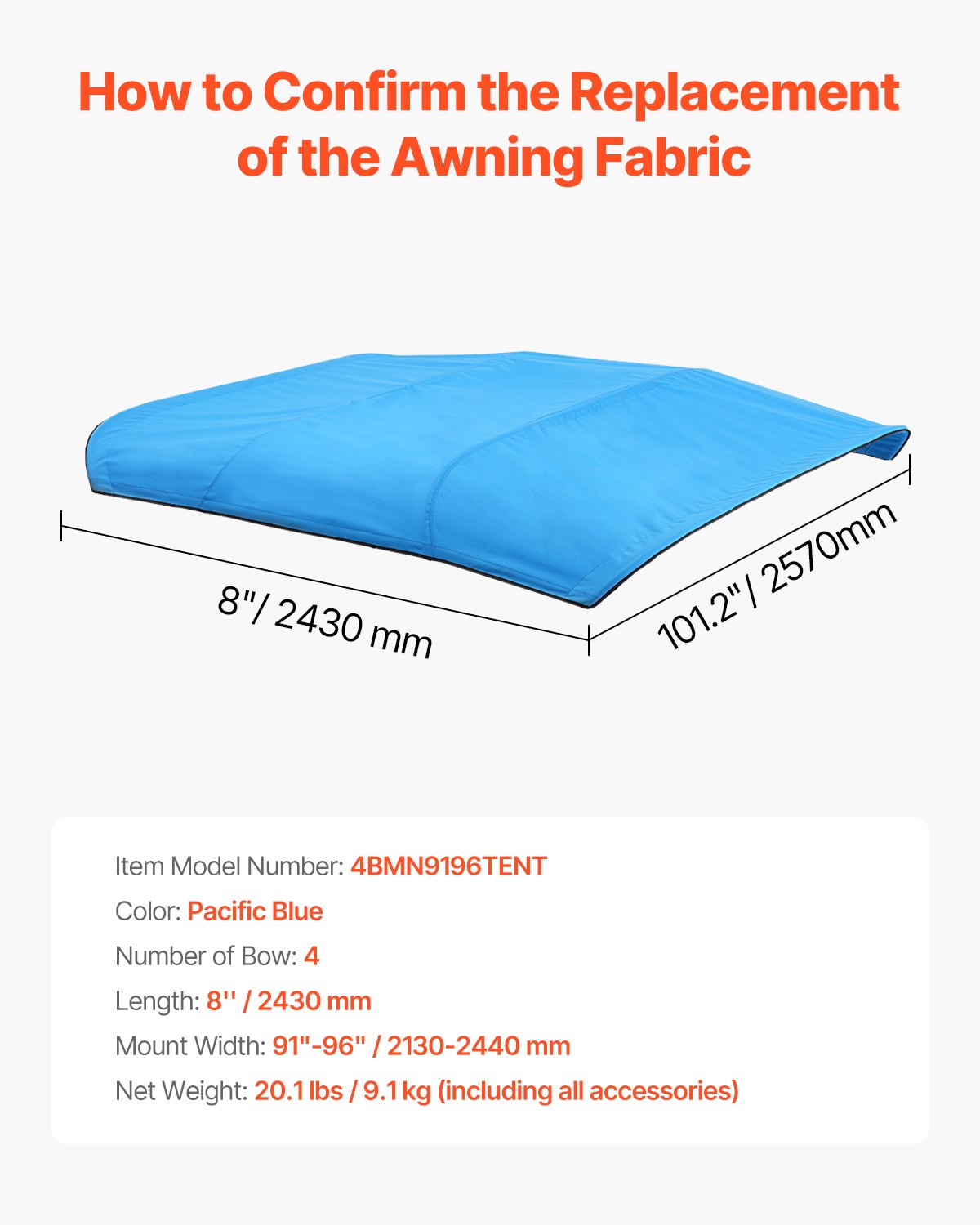 Biminitopp för båt med 4 bogar, 600D polyesterkapell, vattentätt och solskyddande båtmarkiskapell med förvaringsväska, ersättning för biminitopp, 96"Lx(91"-96")B, Pacific Blue (stödram ingår ej)