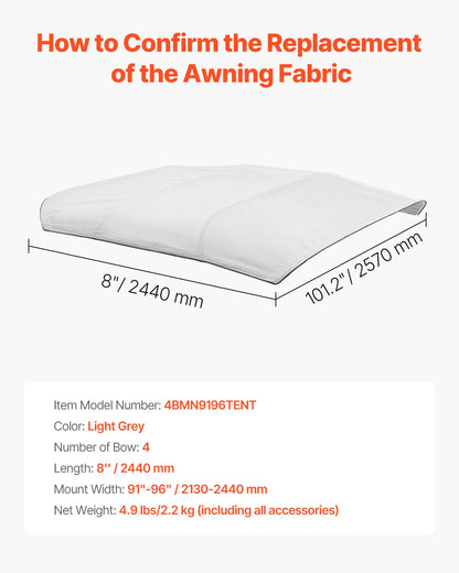 Biminitopp för båt med 4 bogar, 600D polyesterkapell, vattentätt och solskyddande båtmarkiskapell med förvaringsväska, ersättning för biminitopp, 96"Lx(91"-96")B, ljusgrå (stödram ingår ej)