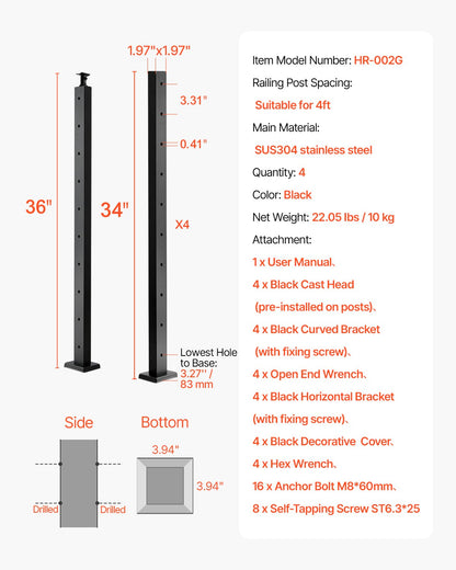 4-pack kabelräckesstolpe, 36x2x2 tum horisontellt hål för däckräcke med förborrade hål, kabelräckesstolpe i rostfritt stål med horisontellt och böjt fäste, svart, 4JZLGZXHS914MY65M001V0