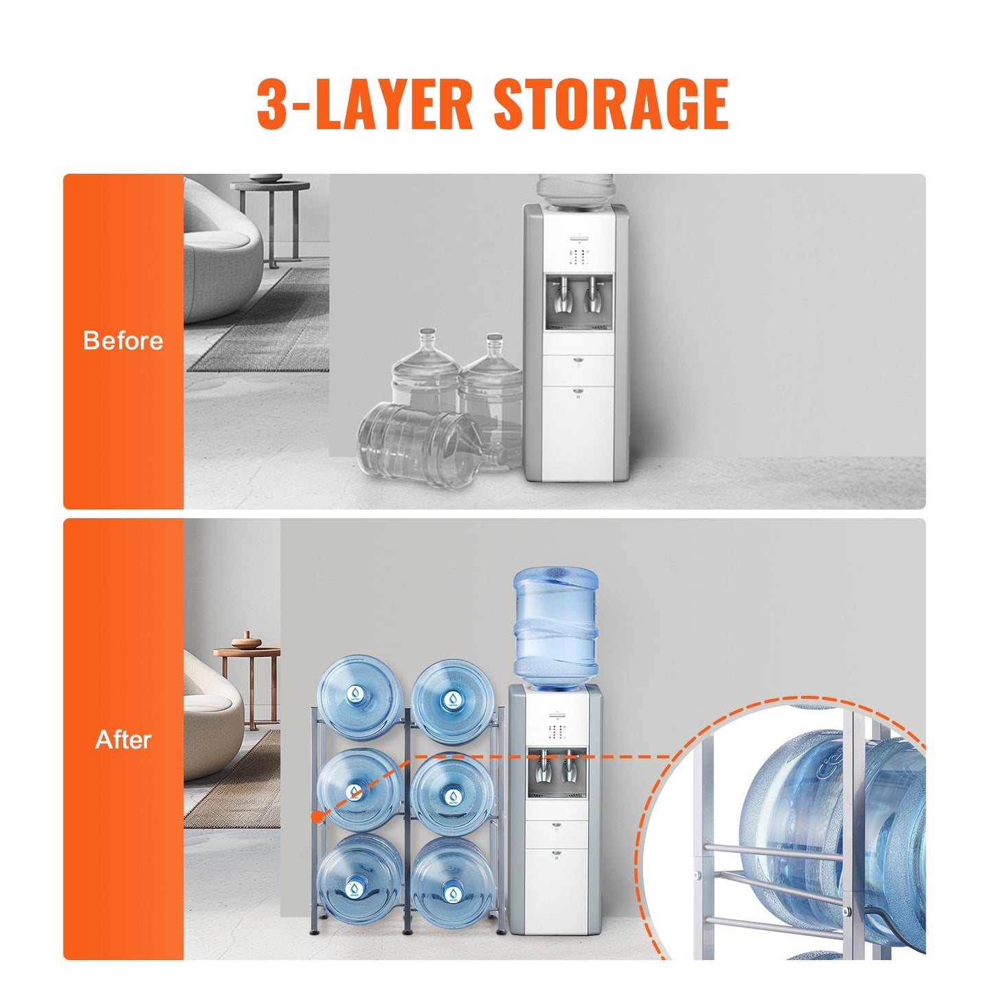 3 Tiers Water Jug Holder, 5 Gallon Water Bottle Holder, Double Row Water Bottle Rack for 6 Bottles, Heavy Duty Water Jug Rack for Kitchen, Office, Living Room, Silver