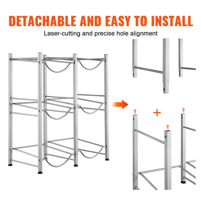 3 Tiers Water Jug Holder, 5 Gallon Water Bottle Holder, Double Row Water Bottle Rack for 6 Bottles, Heavy Duty Water Jug Rack for Kitchen, Office, Living Room, Silver