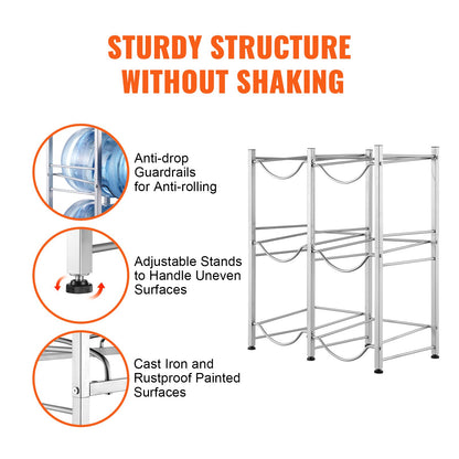 3 Tiers Water Jug Holder, 5 Gallon Water Bottle Holder, Double Row Water Bottle Rack for 6 Bottles, Heavy Duty Water Jug Rack for Kitchen, Office, Living Room, Silver