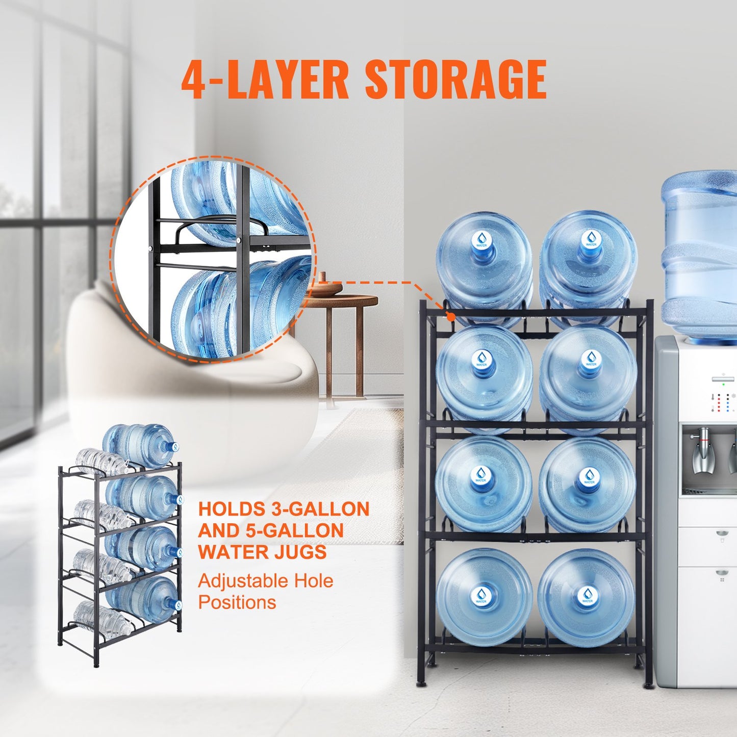 4-våningars vattenkannahållare, 5-gallons vattenflaskhållare, dubbelradig vattenflaskställ för 8 flaskor, kraftig vattenkannaställ för kök, kontor, vardagsrum, svart