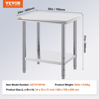Arbetsbord 24 x 30 x 32 tum NSF arbetsbord i rostfritt stål för kommersiellt kök, förberedelsebänk 60 x 76 x 80 cm med nedre hyllplan, arbetsbord silverfärgat för kommersiellt kök, restaurang
