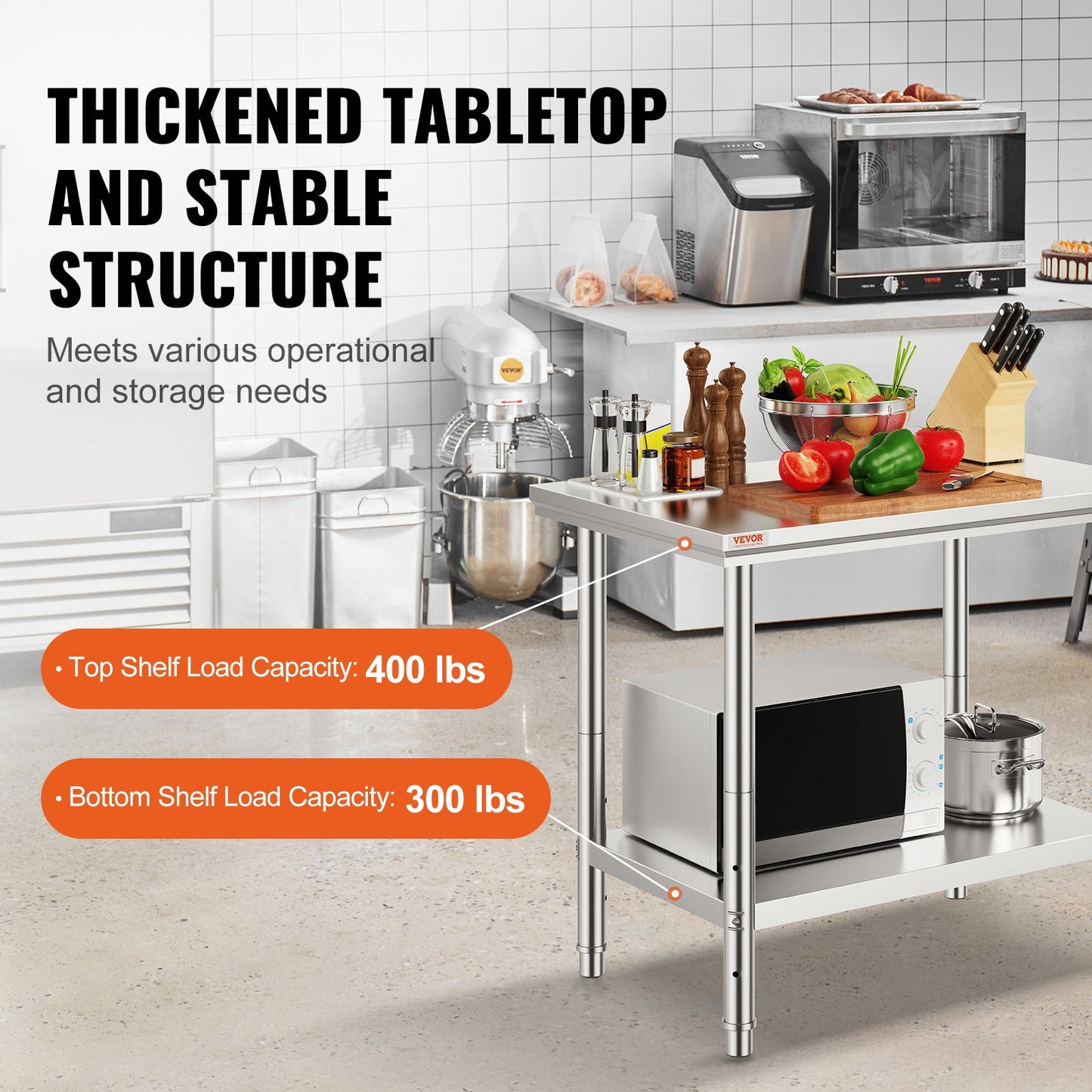 Förberedelsebord i rostfritt stål, 900x600x800 mm, 300 kg lastkapacitet, kraftigt arbetsbord i metall med 3 justerbara höjdnivåer, kommersiell arbetsstation för kök, garage, restaurang, trädgård